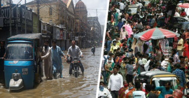 Karachi ka shehri tosee ka manzar, barhte mosmi khatraat, sea level rise aur urban population growth ka aerial view