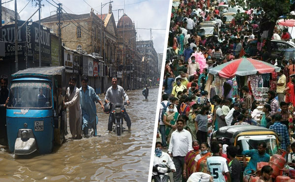 Karachi ka shehri tosee ka manzar, barhte mosmi khatraat, sea level rise aur urban population growth ka aerial view