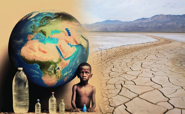 عالمی آبی بحران کی تصویر، جس میں فی کس قابلِ تجدید پانی میں کمی اور پانی کی قلت دکھائی گئی ہے۔