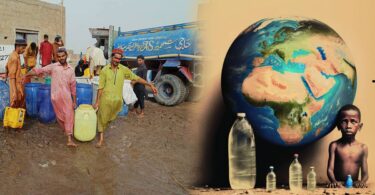 عالمی آبی بحران کی تصویر، جس میں فی کس قابلِ تجدید پانی میں کمی اور پانی کی قلت دکھائی گئی ہے۔