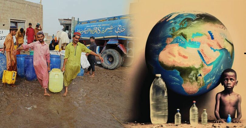عالمی آبی بحران کی تصویر، جس میں فی کس قابلِ تجدید پانی میں کمی اور پانی کی قلت دکھائی گئی ہے۔