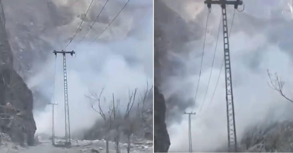 گلگت شہر کی آلودہ فضا، بچے ماسک پہنے ہوئے سانس لیتے ہوئے، ہوا میں دھواں اور آلودگی نظر آ رہی ہے