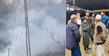 گلگت شہر کی آلودہ فضا، بچے ماسک پہنے ہوئے سانس لیتے ہوئے، ہوا میں دھواں اور آلودگی نظر آ رہی ہے