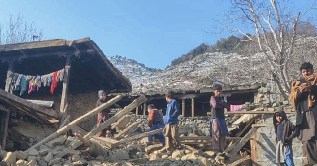 Collapsed three-story residential building in Diamer due to heavy snowfall, with rescue teams and locals assisting victims.