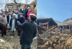 Collapsed three-story residential building in Diamer due to heavy snowfall, with rescue teams and locals assisting victims.