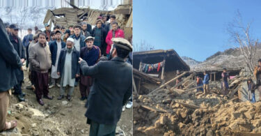 Collapsed three-story residential building in Diamer due to heavy snowfall, with rescue teams and locals assisting victims.