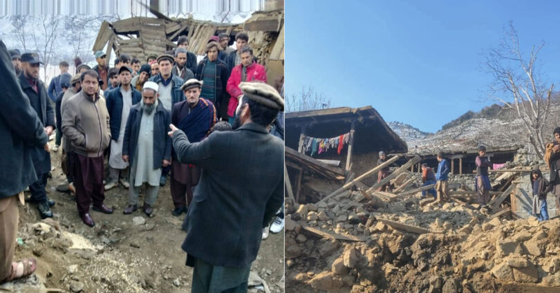 Collapsed three-story residential building in Diamer due to heavy snowfall, with rescue teams and locals assisting victims.