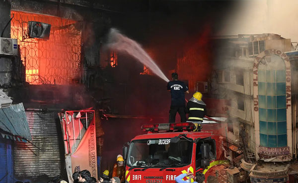 Smoke and debris after Gul Plaza fire highlighting environmental pollution in Karachi