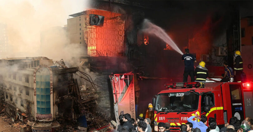 Smoke and debris after Gul Plaza fire highlighting environmental pollution in Karachi