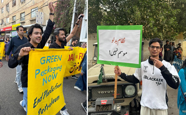 کراچی میں کلائمیٹ مارچ 2025 کے دوران شہری، طلبہ اور کارکن موسمیاتی انصاف اور ایکوسائیڈ کے خلاف احتجاج کرتے ہوئے