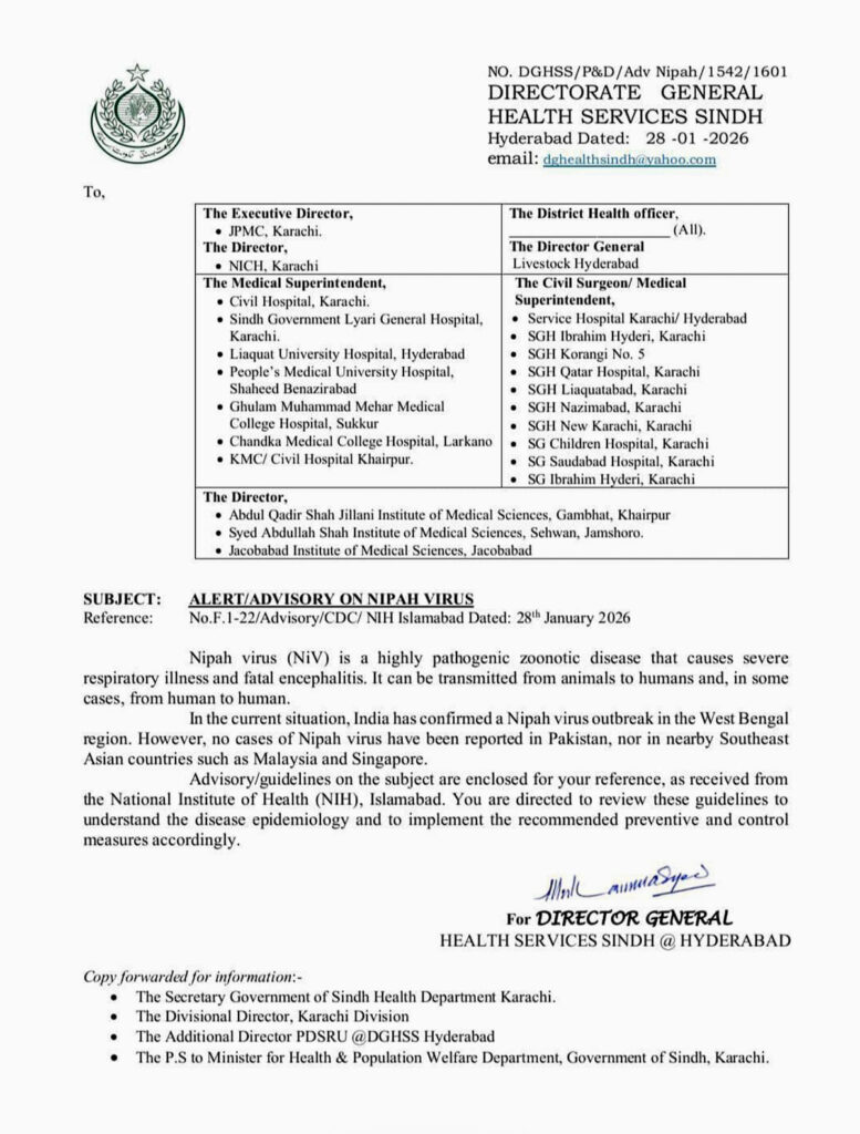 Nipah Virus health alert issued in Sindh Pakistan