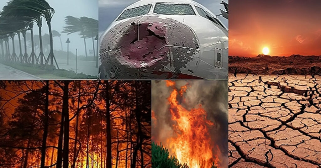 Severe climate extremes showing heatwaves, floods and droughts due to global warming