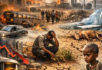 A distressed man sitting on cracked land amid destruction and fire, symbolizing the human impact of climate change.