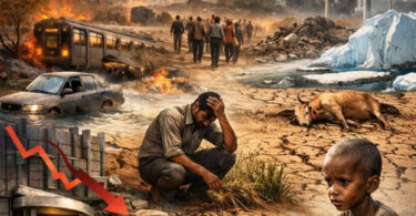 A distressed man sitting on cracked land amid destruction and fire, symbolizing the human impact of climate change.