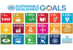 Grid display of all 17 United Nations Sustainable Development Goals icons with official colors and symbols.