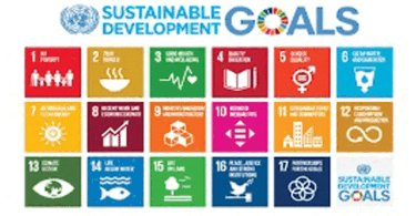 Grid display of all 17 United Nations Sustainable Development Goals icons with official colors and symbols.