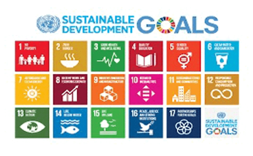 Grid display of all 17 United Nations Sustainable Development Goals icons with official colors and symbols.
