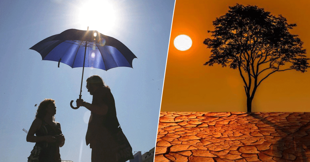 Split image showing people shielding themselves from intense sunlight with an umbrella, alongside a lone tree on cracked, drought-stricken land under a scorching sun.