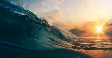 Sunset over the ocean with a rising wave in the foreground, highlighting warming seas amid global climate change concerns.