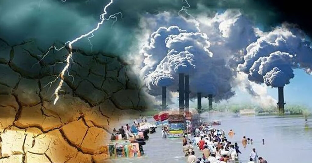 Cracked dry land, lightning, industrial smoke, and flooding representing climate extremes and environmental degradation.