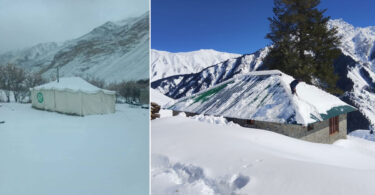 Snow-covered tents and a house buried under heavy snowfall in a mountainous region of Gilgit-Baltistan, highlighting extreme winter weather conditions.