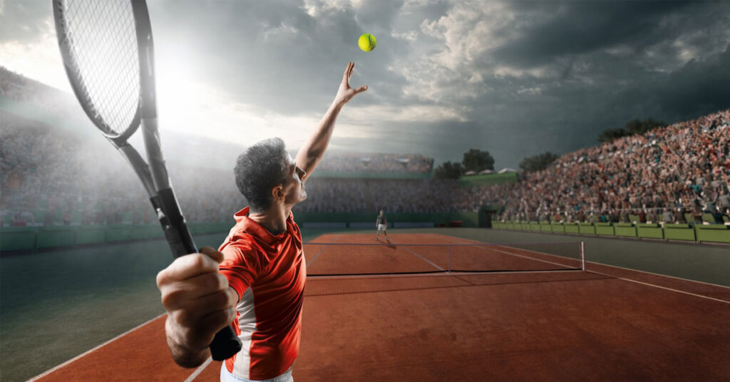 Professional tennis player serving on an outdoor clay court under dramatic cloudy skies in a packed stadium.