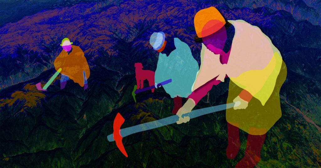 Stylized illustration of indigenous people using tools on mountainous land, representing traditional livelihoods and connection to ancestral territory.