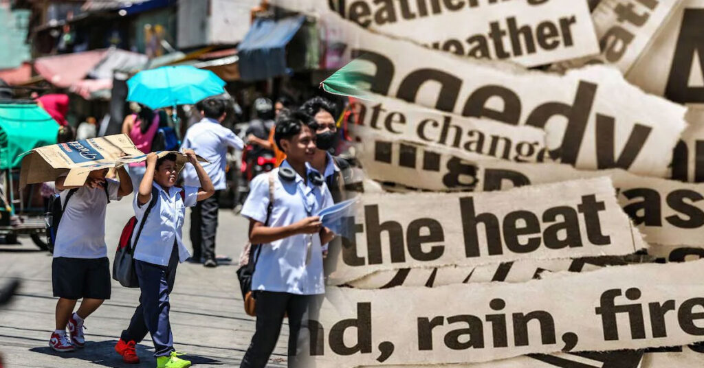 Students studying in a classroom affected by extreme heat and climate change highlighting the impact of environmental conditions on education