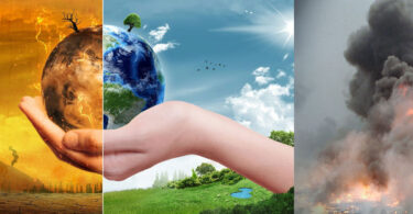 War-damaged city with smoke and pollution highlighting climate change and carbon emissions