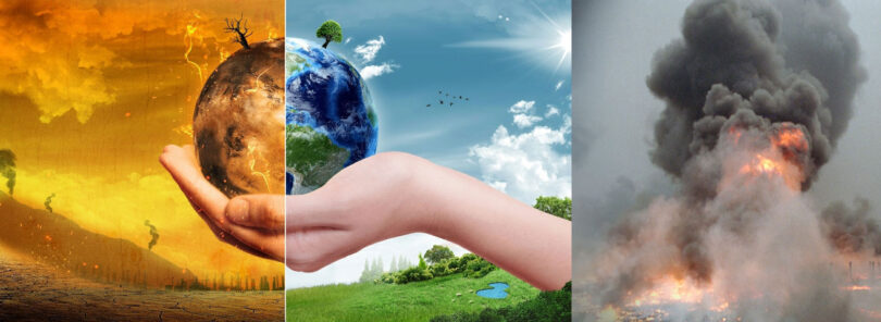 War-damaged city with smoke and pollution highlighting climate change and carbon emissions