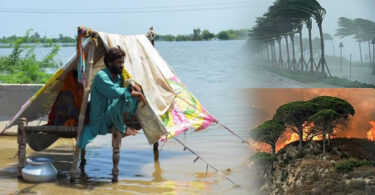 A powerful visual showing extreme climate change impacts including floods, heatwaves, and drought affecting different regions simultaneously