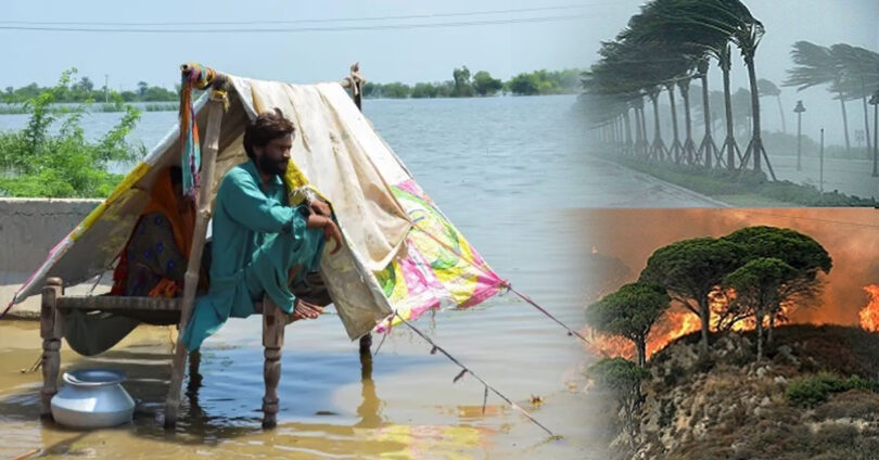 A powerful visual showing extreme climate change impacts including floods, heatwaves, and drought affecting different regions simultaneously