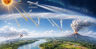 Illustration of geoengineering showing an aircraft releasing aerosols in the atmosphere to reflect sunlight and cool the Earth