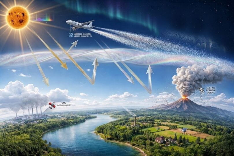 Illustration of geoengineering showing an aircraft releasing aerosols in the atmosphere to reflect sunlight and cool the Earth