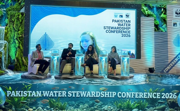Conference discussion on Pakistan water crisis, highlighting sustainable water management and climate change impacts at Water Stewardship Conference 2026