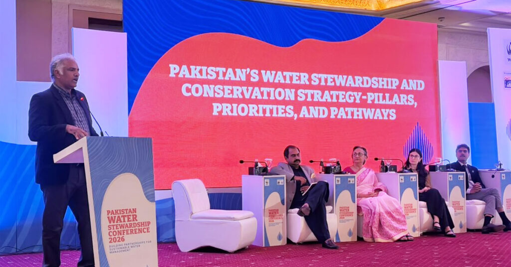Conference discussion on Pakistan water crisis, highlighting sustainable water management and climate change impacts at Water Stewardship Conference 2026