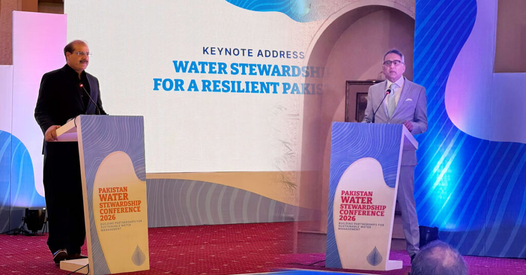 Conference discussion on Pakistan water crisis, highlighting sustainable water management and climate change impacts at Water Stewardship Conference 2026